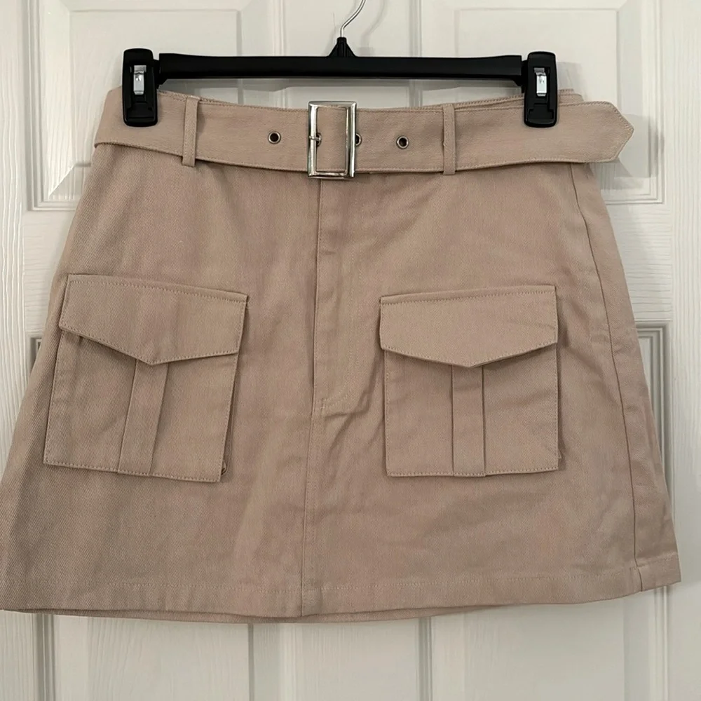 NEW Shein Petite L Tan Canvas skirt w/belt